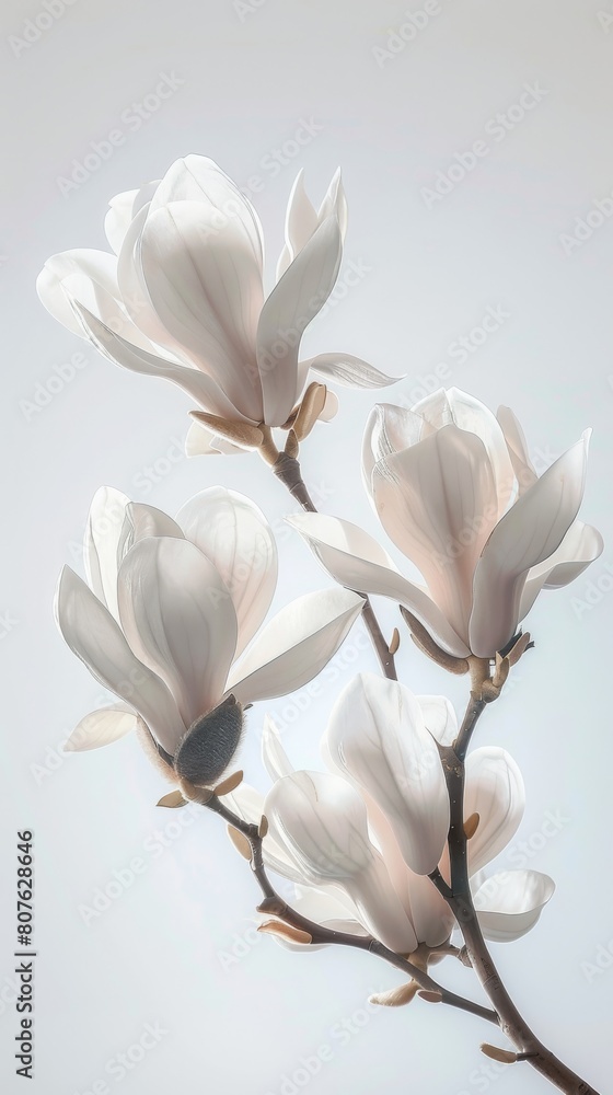 Artistic poster of magnolia flowers levitating, arranged against a stark background to emphasize their large, pristine petals and elegant form