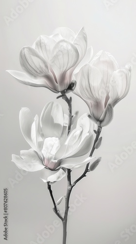 Artistic poster of magnolia flowers levitating  arranged against a stark background to emphasize their large  pristine petals and elegant form