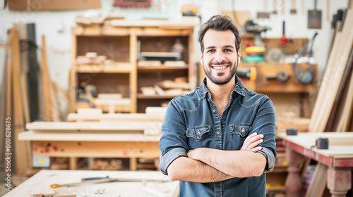 A portrait of smiling male carpenter standing in front of his woodwork workshop