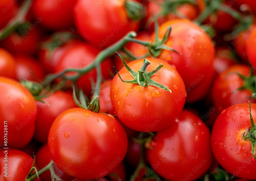 Fresh Ripe Tomatoes with Water Drops Close-Up Background
