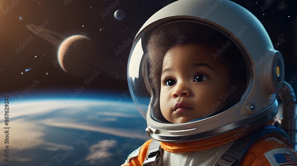 Get ready to blast off with this creative and visually descriptive prompt! Imagine an African American baby astronaut, with a stylish afro and a sleek helmet, walking on the surface of a distant plane Get ready to blast off with this creative and visually descriptive prompt! Imagine an African American baby astronaut, with a stylish afro and a sleek helmet, walking on the surface of a distant plane