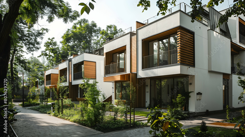 modern white townhouses with wooden accents, set in a park among trees and greenery