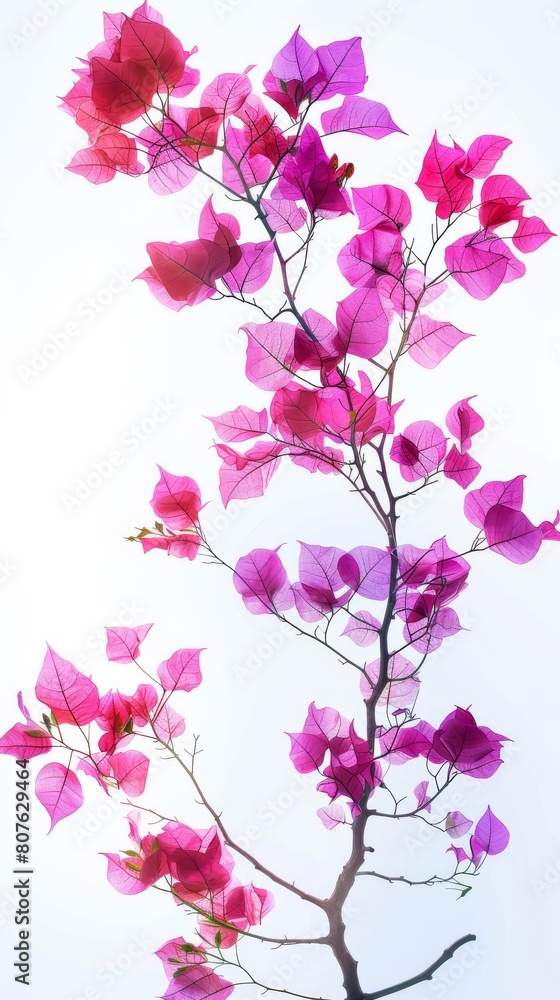 Artistic poster of Bougainvillea branches levitating, arranged against a stark background to emphasize their vibrant magenta and purple hues Artistic poster of Bougainvillea branches levitating, arranged against a stark background to emphasize their vibrant magenta and purple hues