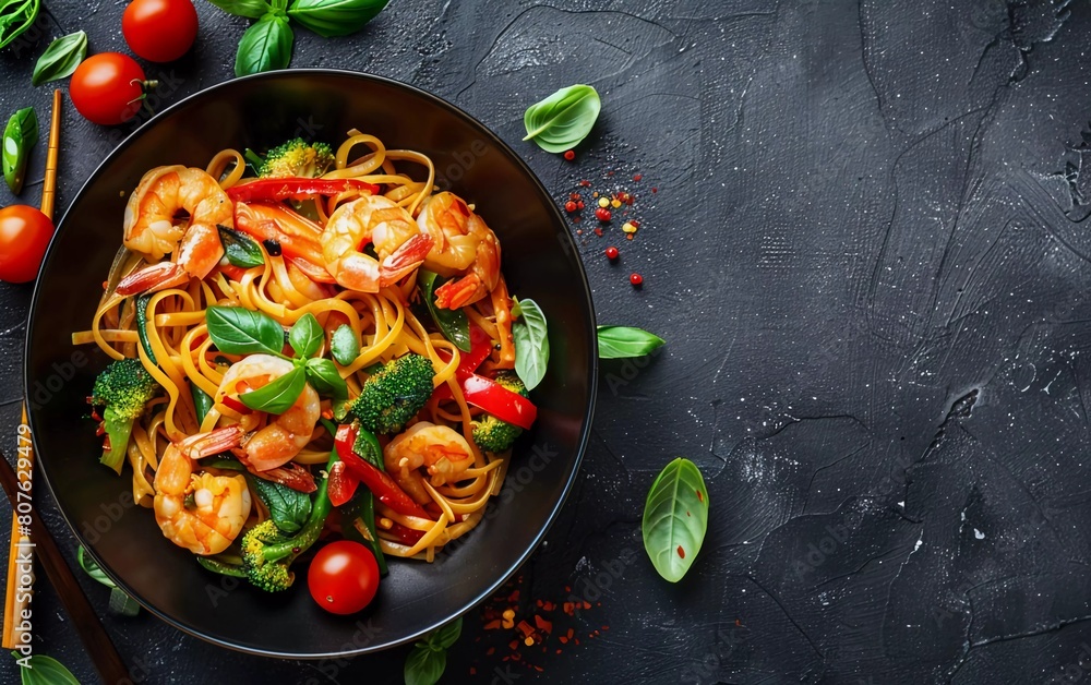 Stir-fried noodles with vegetables and shrimp in a black bowl. Slate background. very delicious food