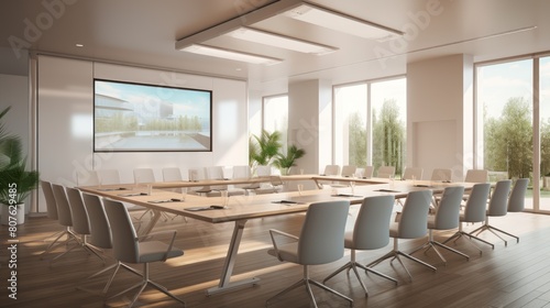 conference room with a minimalist design, featuring clean lines and neutral colors.  photo