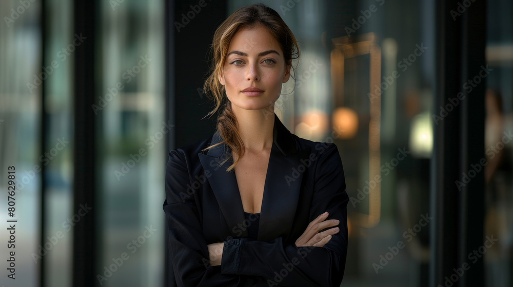 Portrait of successful female in business attire, arms crossed, confident expression. Successful. Achievement. Goals. Room for copy space. Portrait of successful female in business attire, arms crossed, confident expression. Successful. Achievement. Goals. Room for copy space.