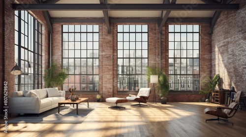 industrial loft with exposed brick walls and large windows  