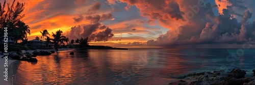 A stunning sunset scene over the ocean with dramatic clouds in the sky