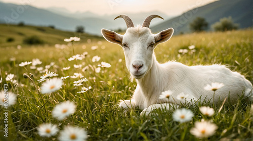 White little goat on alpine meadow with mountains in the background. Goat on green grass with flowers. Rural landscape photo