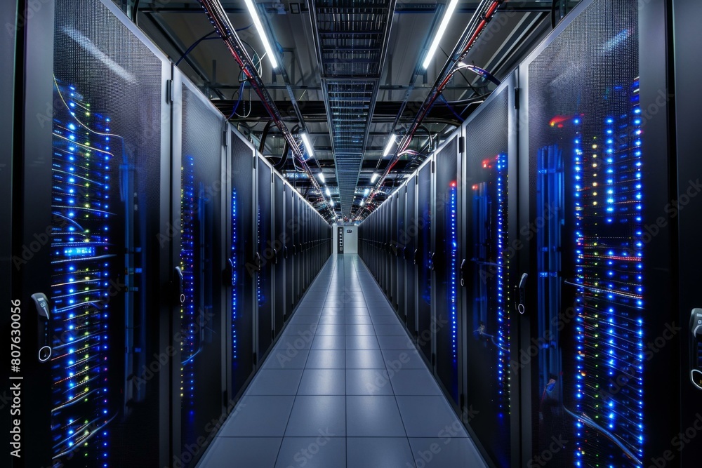 Rows of server racks with bright blue lights in a modern data center. AI. Rows of server racks with bright blue lights in a modern data center. AI.