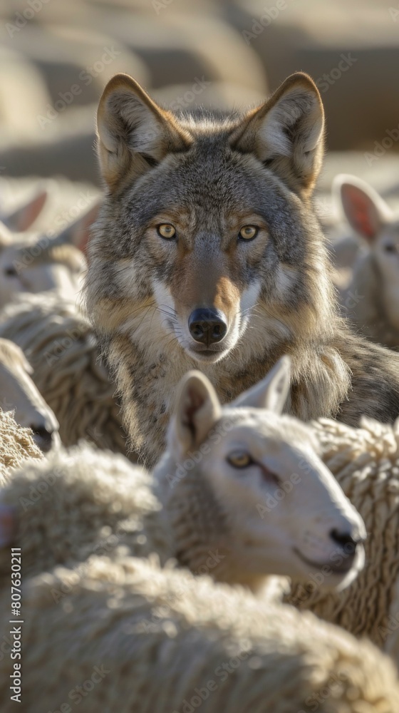 A wolf stands in a field of sheep, staring at the camera. AI. A wolf stands in a field of sheep, staring at the camera. AI.