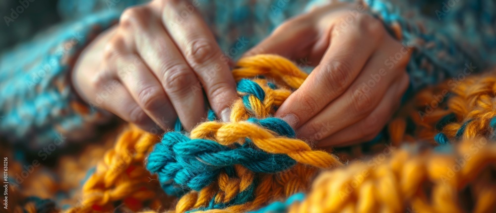 Close-up of a person's hands knitting a yellow and blue blanket. AI. Close-up of a person's hands knitting a yellow and blue blanket. AI.