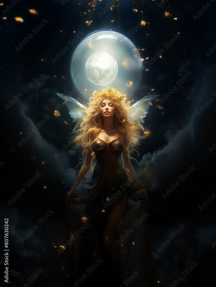 Beautiful fairy on a magic night background. Beautiful fairy on a magic night background.