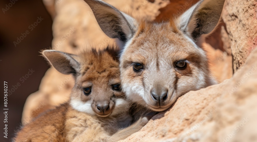 A kangaroo and its joey in a cave. AI. A kangaroo and its joey in a cave. AI.