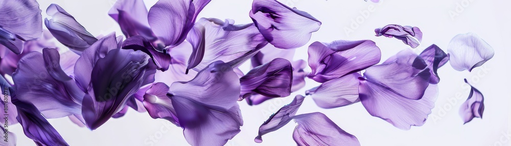 Abstract representation of violet petals segmented and floating freely, using negative space to explore the flowers symbolism of modesty and fidelity