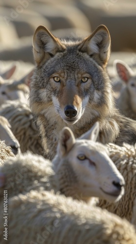 A wolf stands in a field of sheep  staring at the camera. AI.