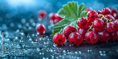 Fresh red currants on grey surface with water drops perfect for snacking. Concept Food Photography, Fresh Fruits, Healthy Snacking, Red Currants, Water Drops photo
