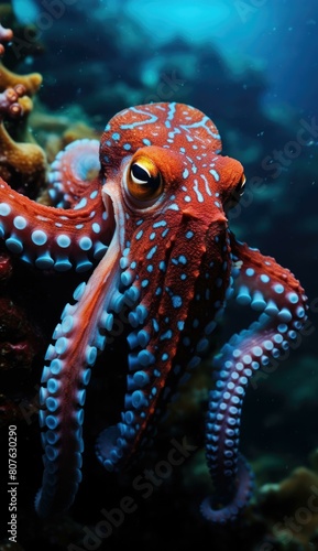 A beautiful close-up of a red octopus with blue spots. AI.