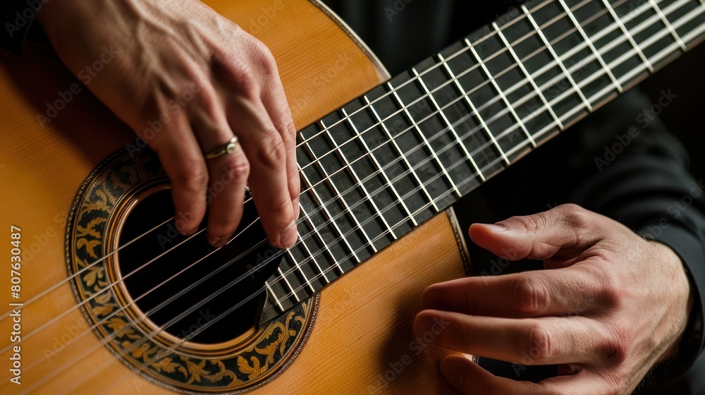 Fototapeta premium close-up photo of a classical guitar with its strings plucked, showing the intricate details of the instrument and the musician's fingers.