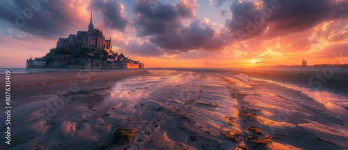 A beautiful sunset over the beach and abbey of . AI.