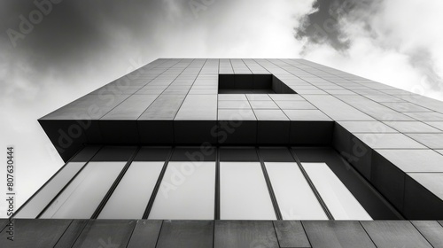 A black-and-white photo of a modern office building with a unique cutout on the top. AI.