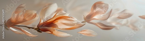 Abstract representation of magnolia petals segmented and floating freely, using negative space to explore the flowers delicate and ancient lineage