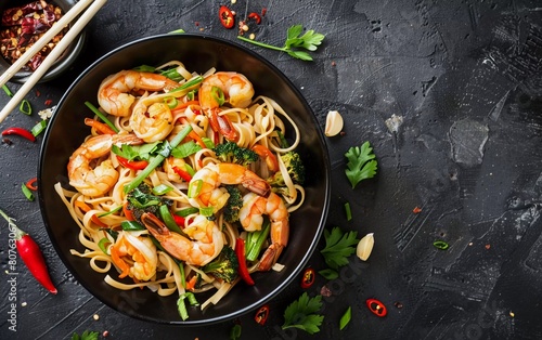 Stir-fried noodles with vegetables and shrimp in a black bowl. Slate background. very delicious food