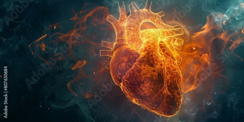 A 3D illustration of a flaming heart. AI.