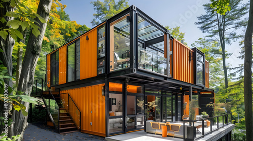 Three level container house design, steel frame structure with glass windows and doors on the second floor, orange exterior walls, surrounded by trees in an outdoor environment photo