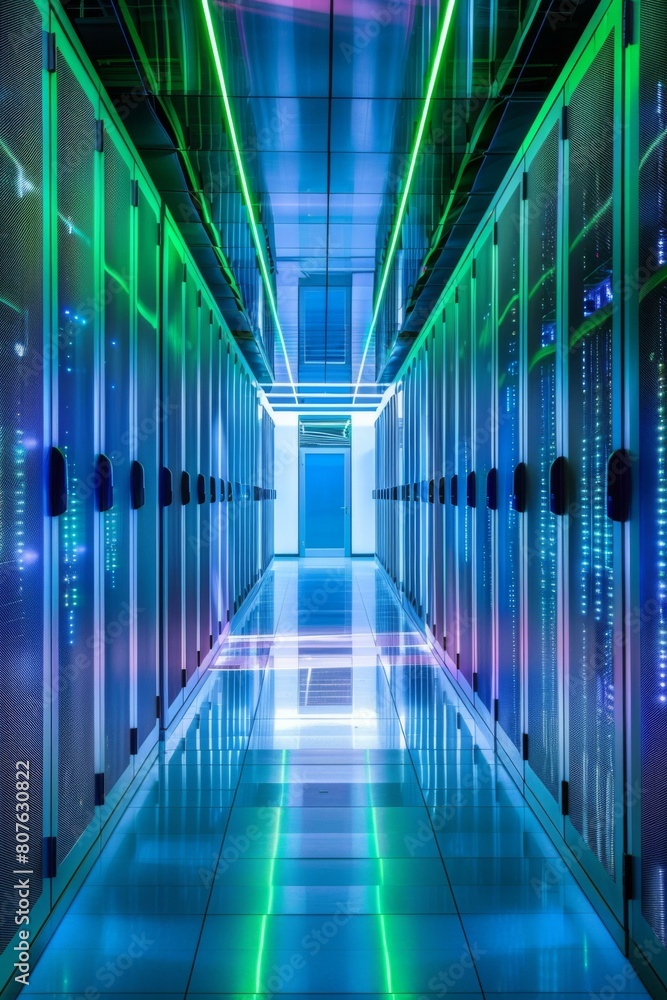 Fototapeta premium Rows of server racks with bright lights in a modern data center. AI.
