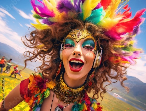 A woman wearing a colorful feathered headdress and headphones smiles. AI.