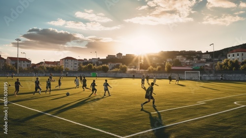Sunset Illuminating Football Field in Golden Hues