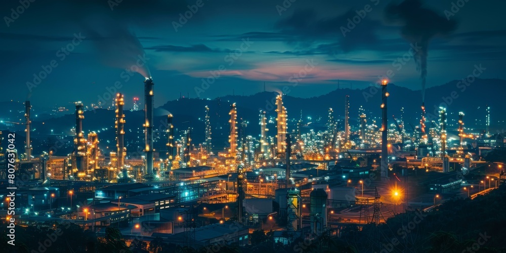A night view of an oil refinery. AI. A night view of an oil refinery. AI.