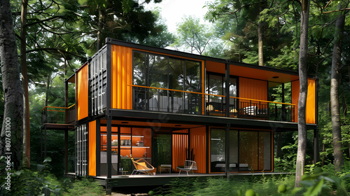 Three level container house design, steel frame structure with glass windows and doors on the second floor, orange exterior walls, surrounded by trees in an outdoor environment photo