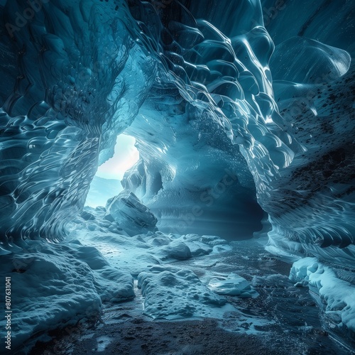 A huge ice cave with entrance  ultra wide angle and large scene effect