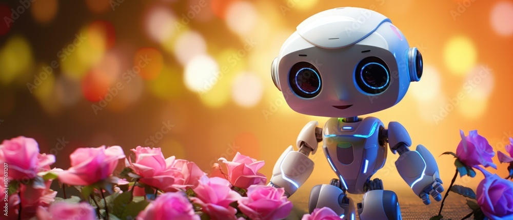 A cute robot sits among a field of pink roses, its head tilted to the side in curiosity. AI. A cute robot sits among a field of pink roses, its head tilted to the side in curiosity. AI.