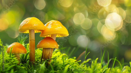 Group of Yellow Mushrooms on Lush Green Field