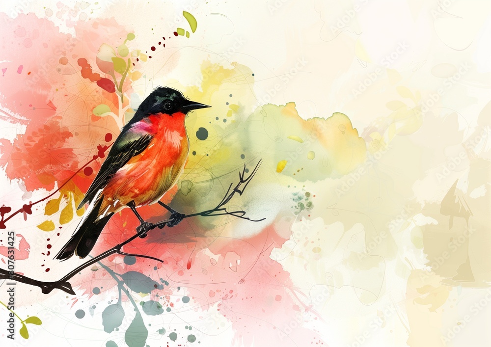 Vibrant Watercolor Painting of a Perching Bird with Artistic Background