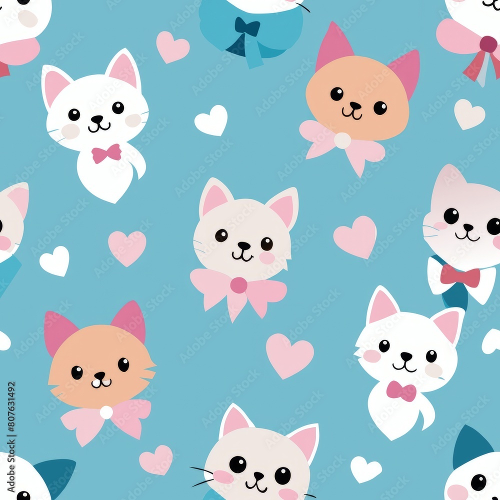Seamless pattern of playful kittens and puppies wearing heart-shaped bows and ribbons for a cute and charming design, Generative AI Seamless pattern of playful kittens and puppies wearing heart-shaped bows and ribbons for a cute and charming design, Generative AI