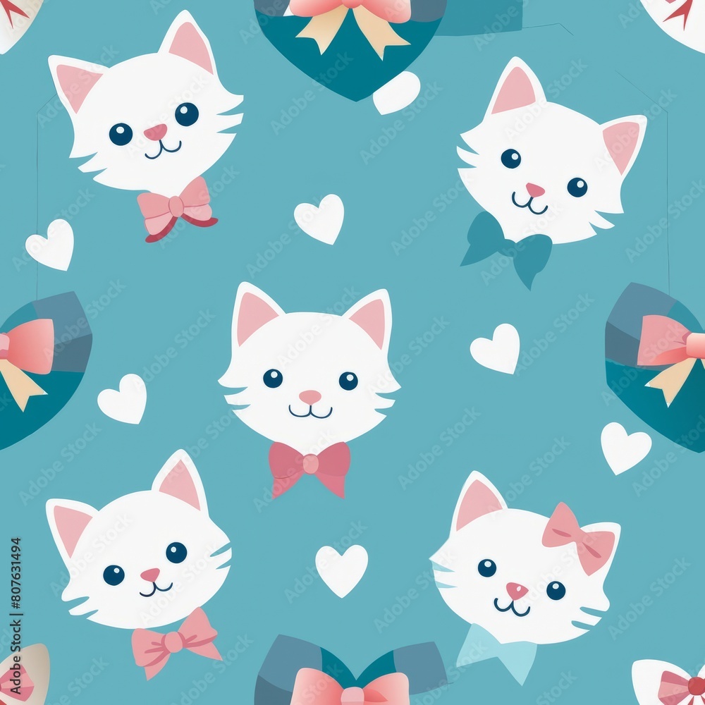 Seamless pattern of playful kittens and puppies wearing heart-shaped bows and ribbons for a cute and charming design, Generative AI