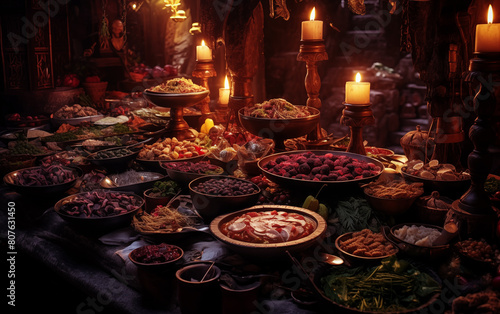 Tables full of food. Medieval feast.