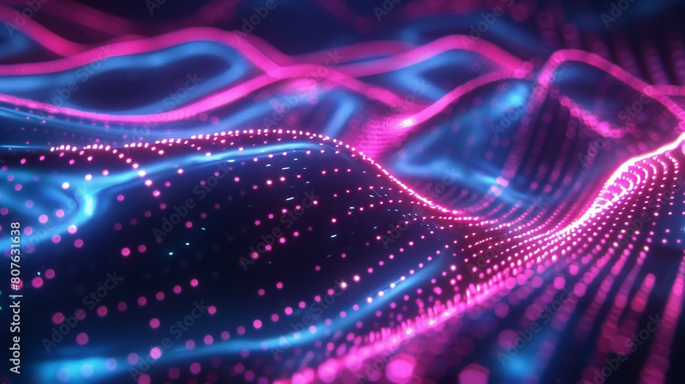 Luminescent Flow: Dynamic 3D waves illuminate with neon brilliance, accompanied by mesmerizing geometric lines. Luminescent Flow: Dynamic 3D waves illuminate with neon brilliance, accompanied by mesmerizing geometric lines.