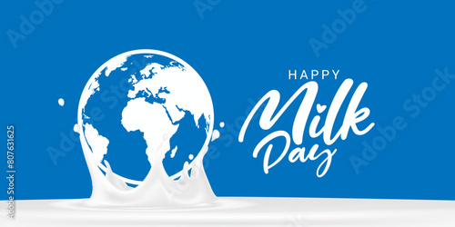 Happy Milk Day design creative concept unique idea with milk splash and a nice logo name on isolated blue, Editable vector milk background, World Milk Day concept. product of dairy