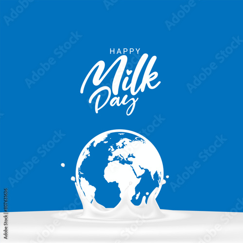 Happy Milk Day design creative concept unique idea with milk splash and a nice logo name on isolated blue, Editable vector milk background, World Milk Day concept. product of dairy