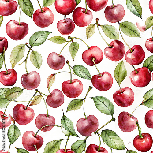 watercolor cherry seamless pattern on white background