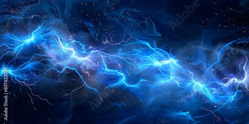 Blue lightning bolt plasma energy background with electrical sparks on a dark blue backdrop. Concept Lightning Bolt, Plasma Energy, Electrical Sparks, Dark Blue, Background