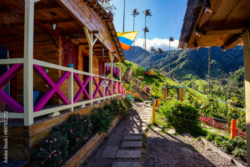 Entertainment center in Valle del Cocora Valley with tall wax palm trees. Salento, Quindio department. Colombia travel destination.