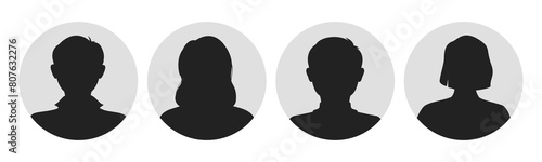 Male and female portraits, silhouettes, avatars or profiles for unknown anonymous persons. Man, woman, people