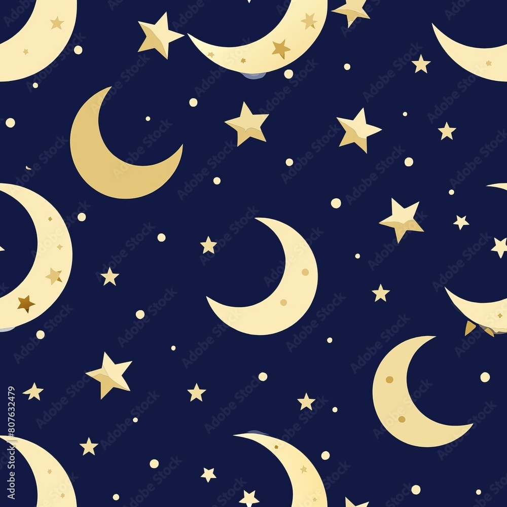 Naklejka premium Seamless pattern of shimmering stars and crescent moons against a midnight sky, symbolizing eternal love and romance, Generative AI