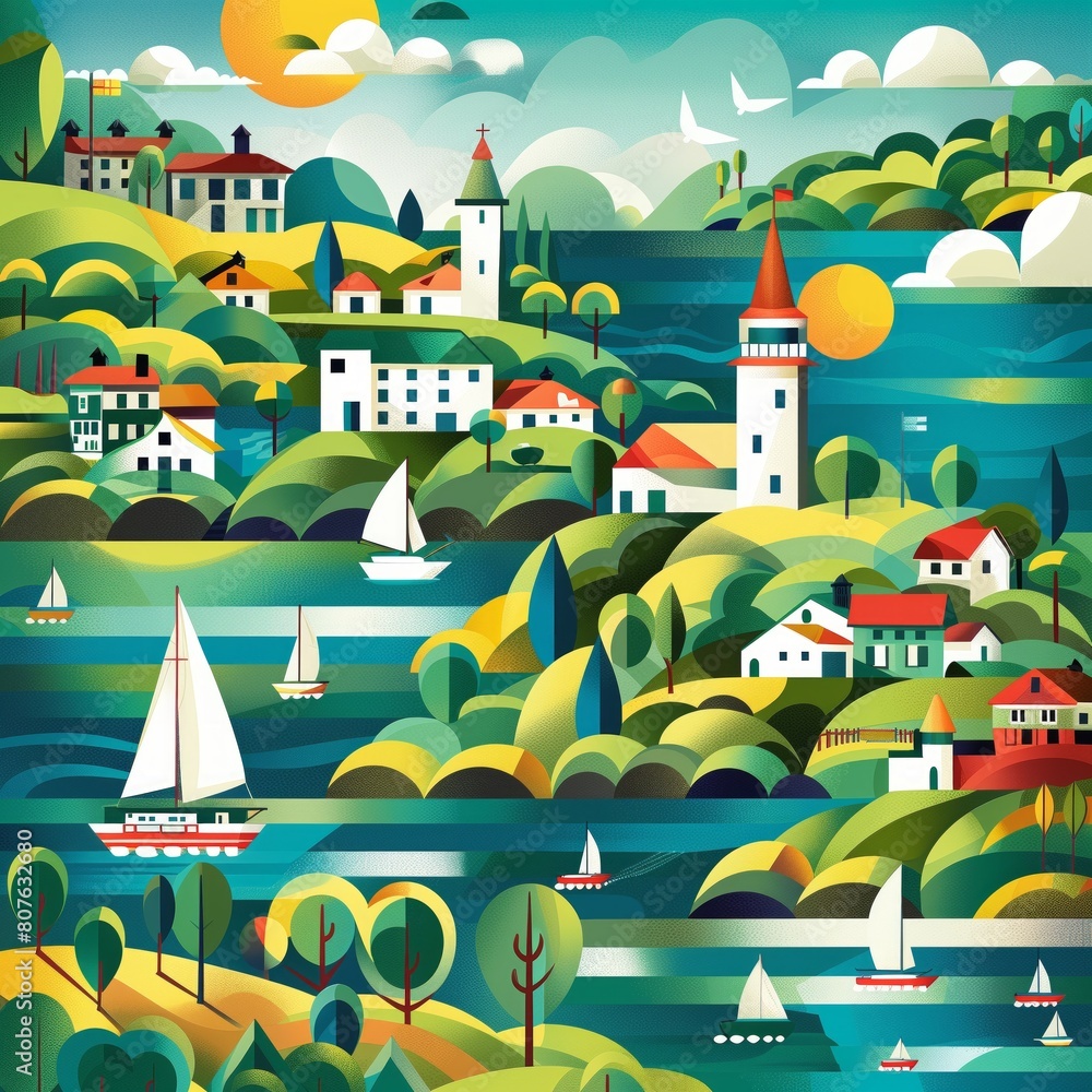 Vibrant Coastal Landscape Illustration with Lighthouse, Sailboats, and Rolling Hills